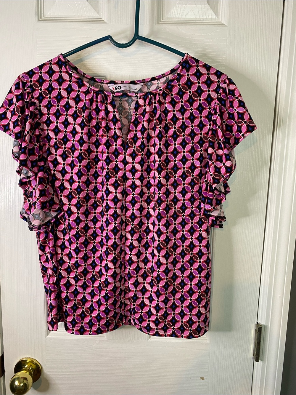 SO Pink and Black Geometric Ruffle Sleeve Blouse SizeLarge.